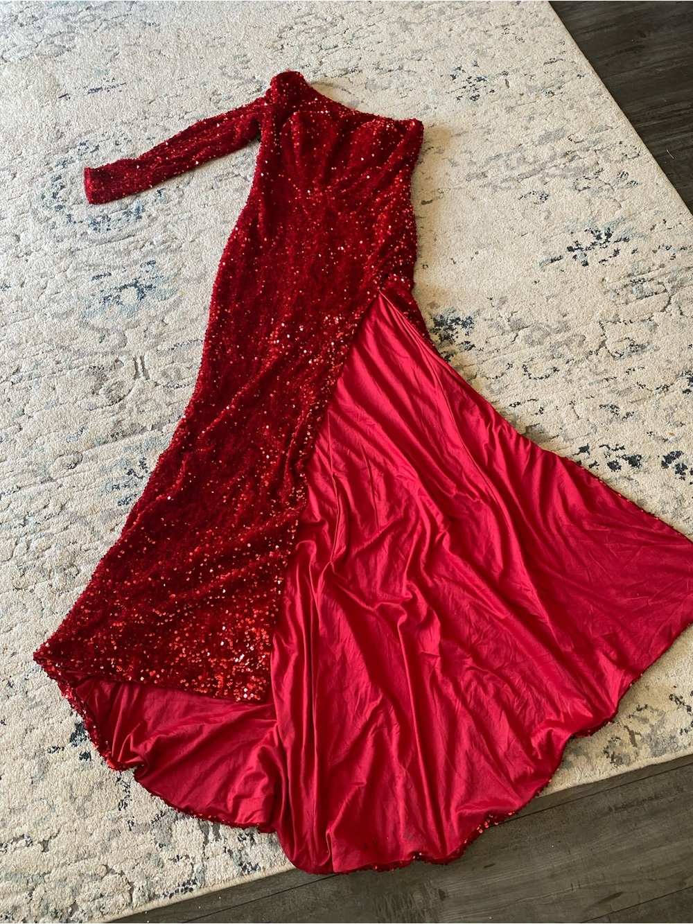Red Sequin One-Shoulder Evening Dress